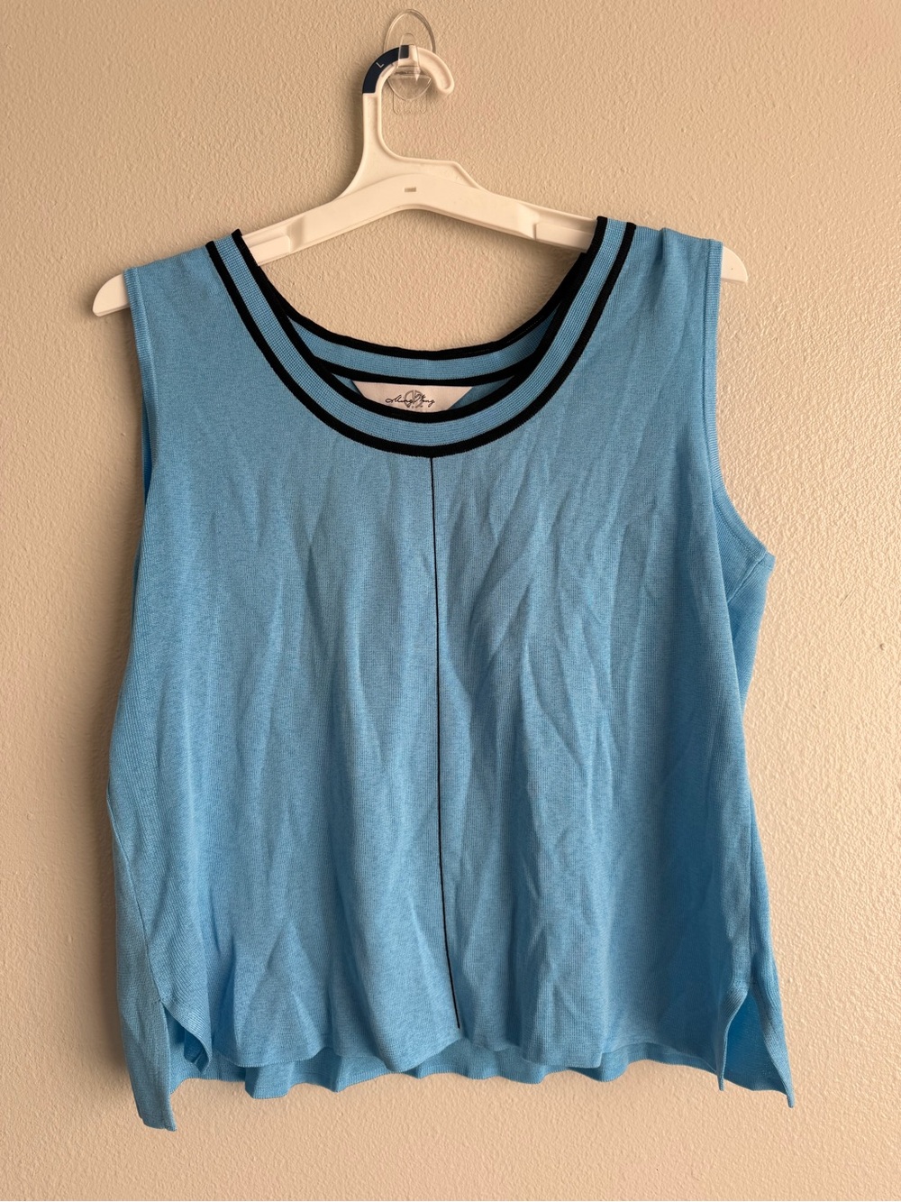 Ming Wang Sky Blue Sleeveless Knit Tank with Black Neck Trim